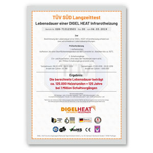 TÜV SÜD Langzeittest mit DIGELHEAT Infrarotheizung